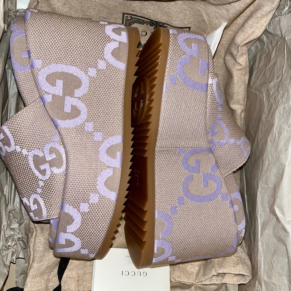 Gucci Beige and White GG Canvas Platform Slide Sandal